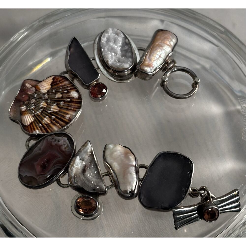 Echo Of The Dreamer Sterling/Pearl/Shell/Druzy/Glass/Tourmaline/Agate BRACELET - Picture 7 of 9